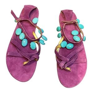 Grazia Vozza Capri Purple Suede Embellished Ankle Strap Slide Flats Size 39